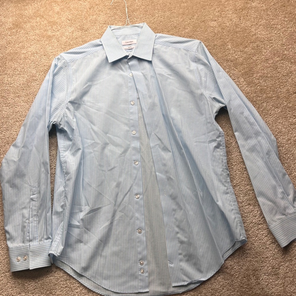 Calvin Klein Mens Fit Performance Non-Iron Dress Shirt Blue Gingham 15.5 32/33